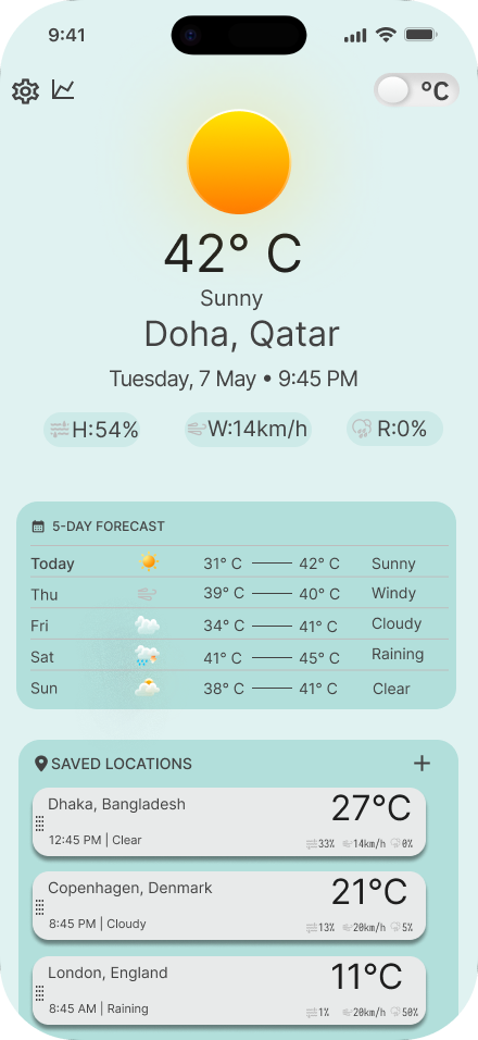 Weather App mobile home screen in light mode
